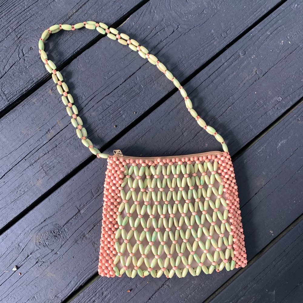 Hand beaded green and pink mini bag